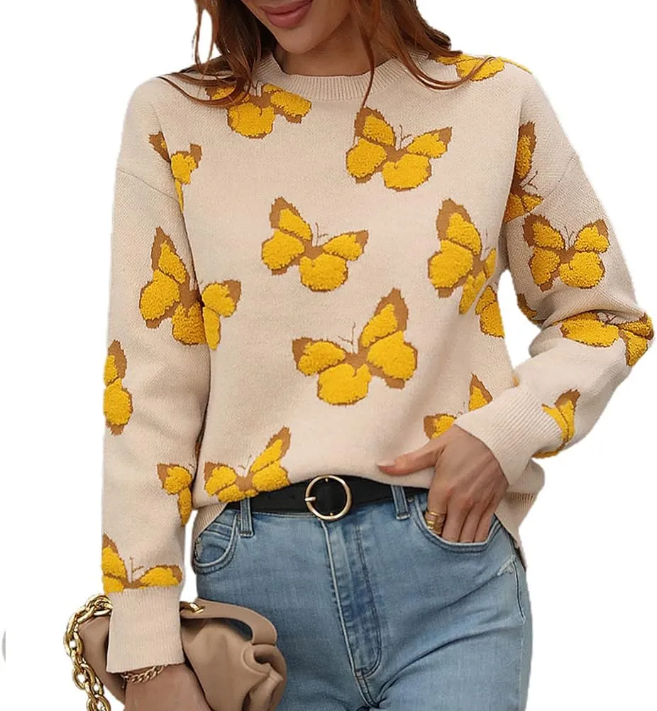 JUNBOON Womens Casual Leopard Print Knitted Pullover Sweaters Long Sleeve Crew Neck Jumper Tops