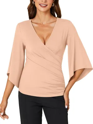 KIFOVEN Womens 3/4 Bell Sleeve Tee Shirt Deep V Neck Wrap Ruched Slim Fit T Shirt Blouse Top