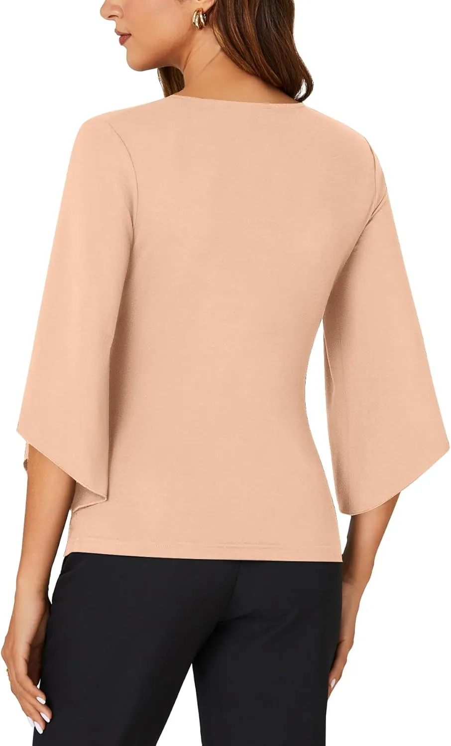 KIFOVEN Womens 3/4 Bell Sleeve Tee Shirt Deep V Neck Wrap Ruched Slim Fit T Shirt Blouse Top