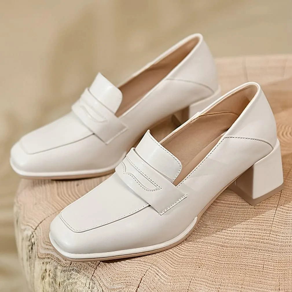 KISSASA Womens Chunky Heeled Loafers Square Toe Block Heel Pumps Slip On Business Shoes