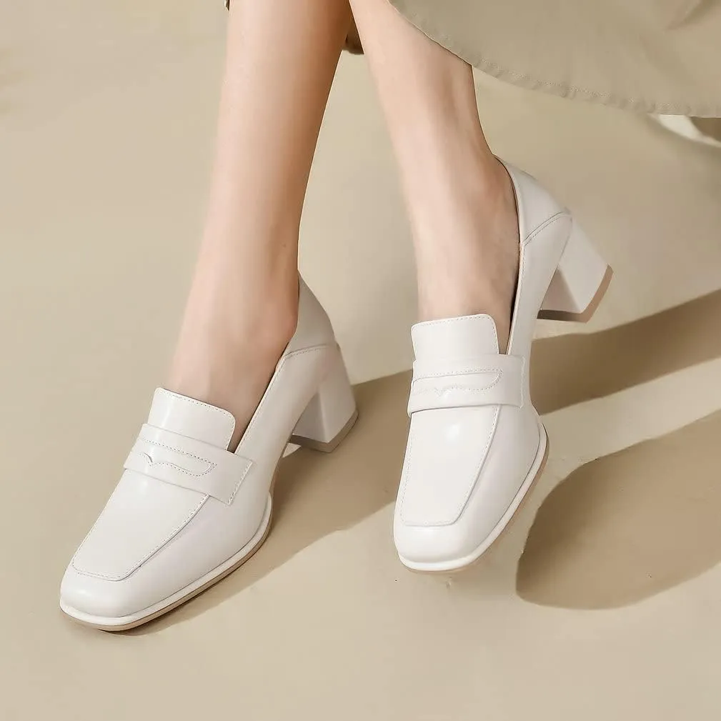 KISSASA Womens Chunky Heeled Loafers Square Toe Block Heel Pumps Slip On Business Shoes
