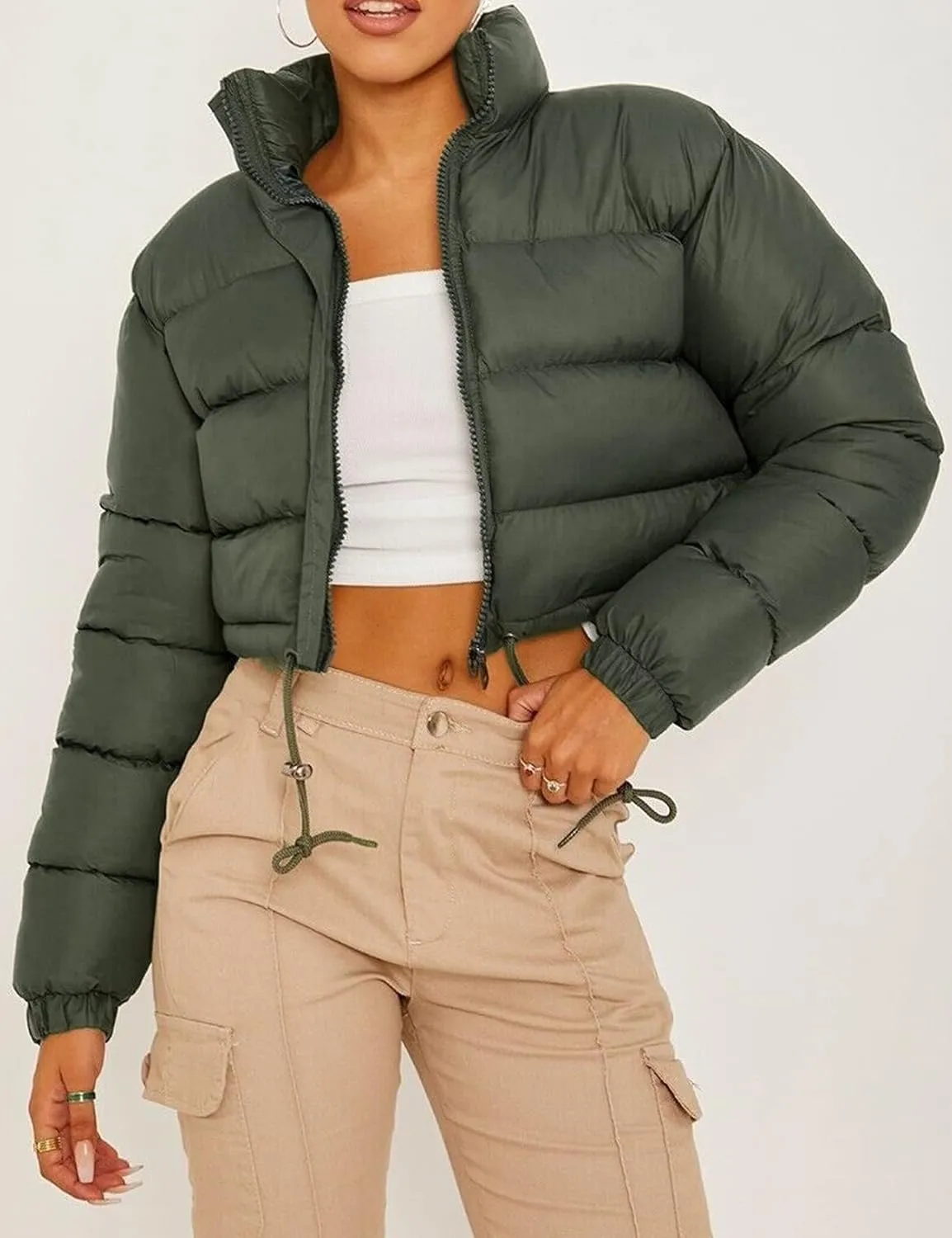 Kissonic Womens Cropped Puffer Jacket, Winter Puffer Jacket Packable Long Sleeve Zip Short Warm Down Coat with Drawstring