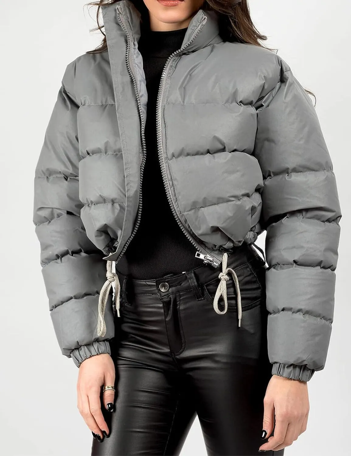Kissonic Womens Cropped Puffer Jacket, Winter Puffer Jacket Packable Long Sleeve Zip Short Warm Down Coat with Drawstring