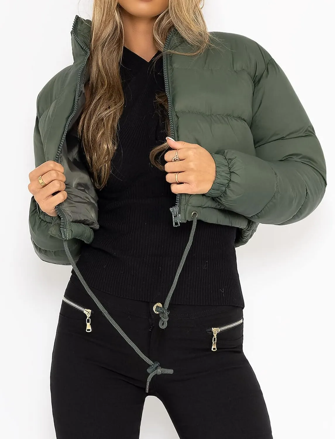 Kissonic Womens Cropped Puffer Jacket, Winter Puffer Jacket Packable Long Sleeve Zip Short Warm Down Coat with Drawstring
