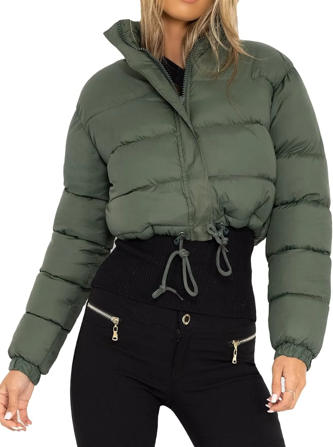 Kissonic Womens Cropped Puffer Jacket, Winter Puffer Jacket Packable Long Sleeve Zip Short Warm Down Coat with Drawstring