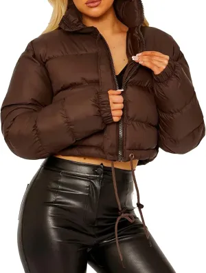 Kissonic Womens Cropped Puffer Jacket, Winter Puffer Jacket Packable Long Sleeve Zip Short Warm Down Coat with Drawstring