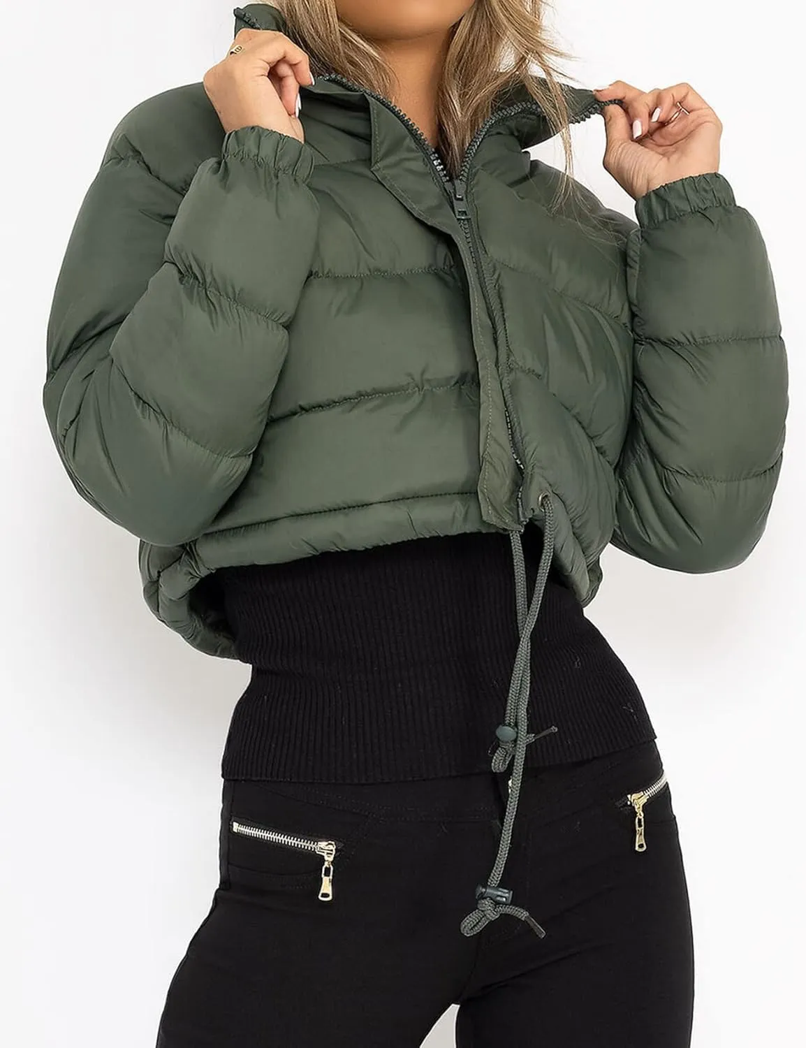 Kissonic Womens Cropped Puffer Jacket, Winter Puffer Jacket Packable Long Sleeve Zip Short Warm Down Coat with Drawstring