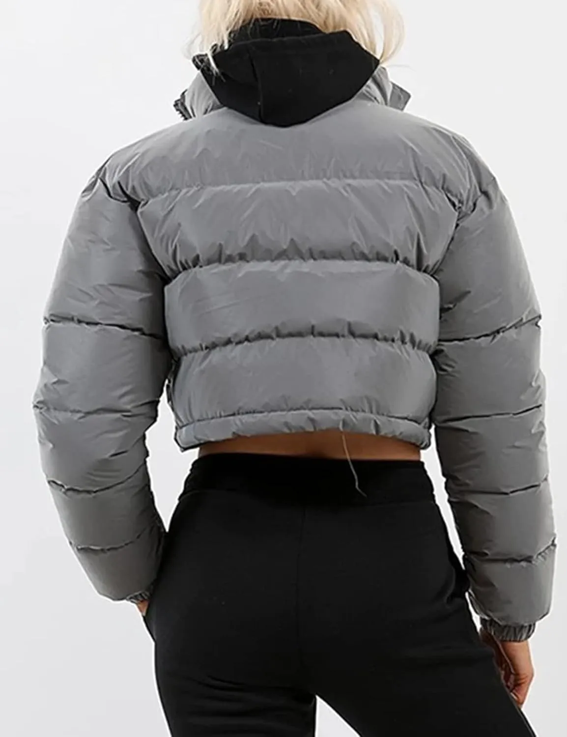 Kissonic Womens Cropped Puffer Jacket, Winter Puffer Jacket Packable Long Sleeve Zip Short Warm Down Coat with Drawstring