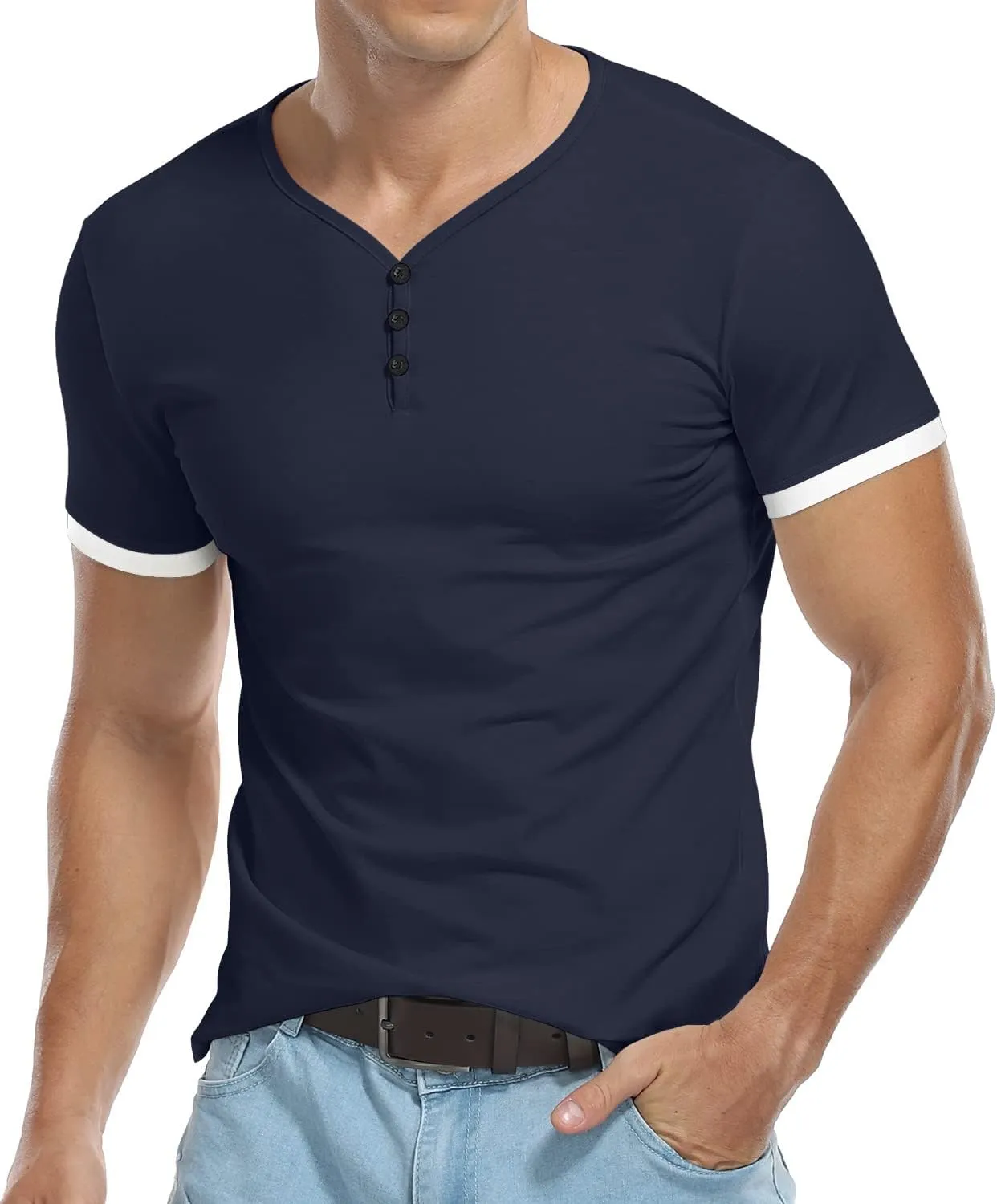 KUYIGO Men's Henley Shirts Short Long Sleeve Casual Summer Slim Fit Cotton Shirt