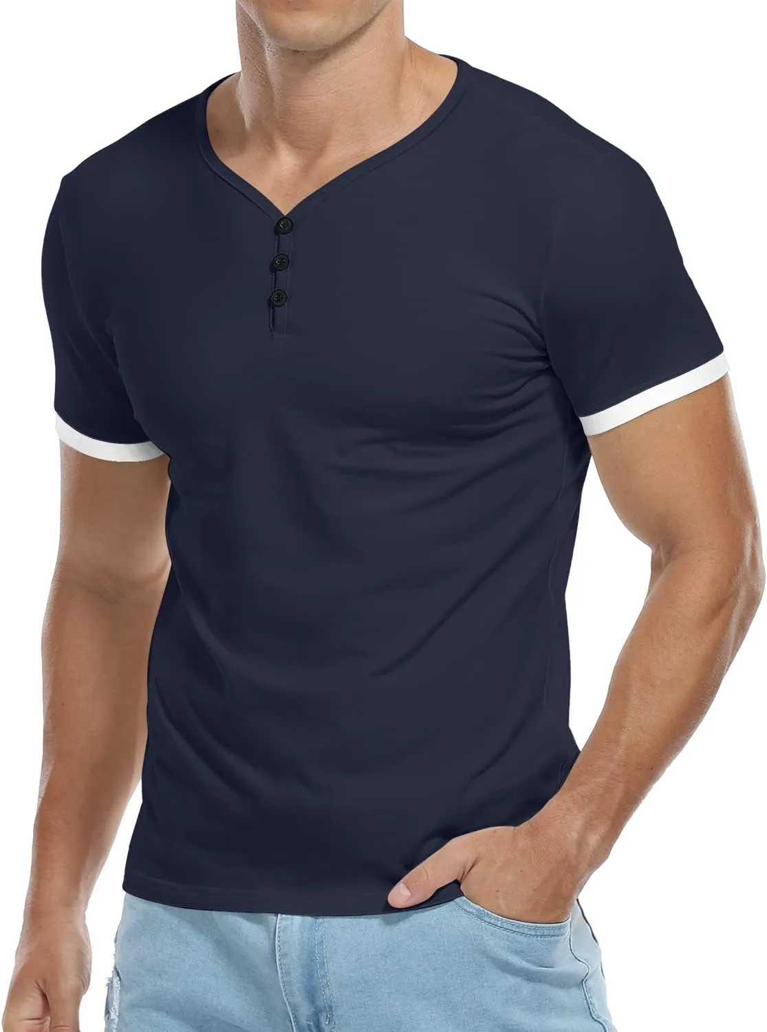 KUYIGO Men's Henley Shirts Short Long Sleeve Casual Summer Slim Fit Cotton Shirt