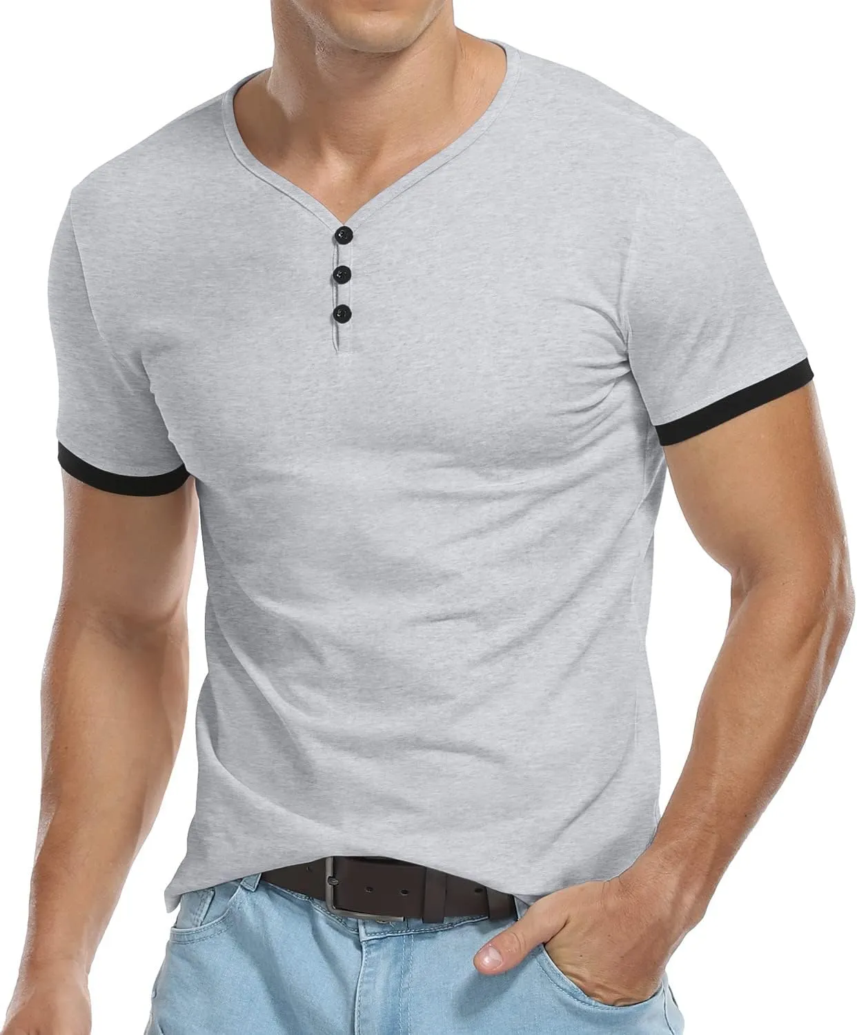 KUYIGO Men's Henley Shirts Short Long Sleeve Casual Summer Slim Fit Cotton Shirt