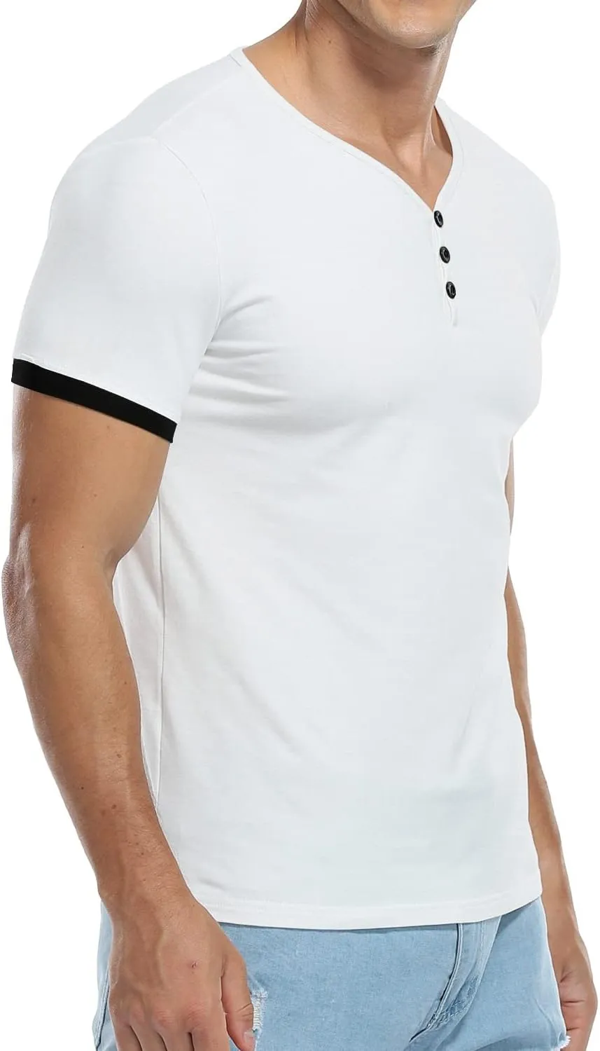 KUYIGO Men's Henley Shirts Short Long Sleeve Casual Summer Slim Fit Cotton Shirt
