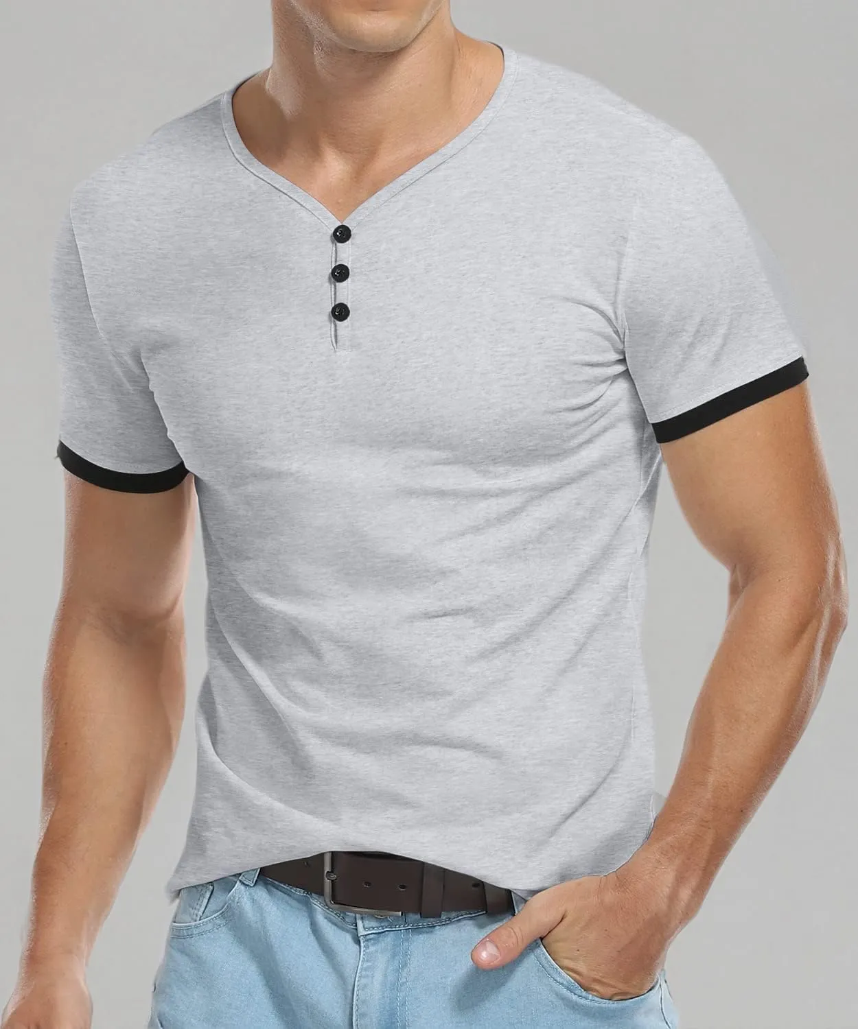 KUYIGO Men's Henley Shirts Short Long Sleeve Casual Summer Slim Fit Cotton Shirt