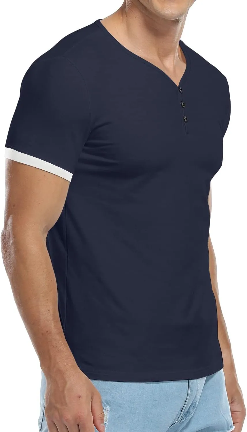 KUYIGO Men's Henley Shirts Short Long Sleeve Casual Summer Slim Fit Cotton Shirt