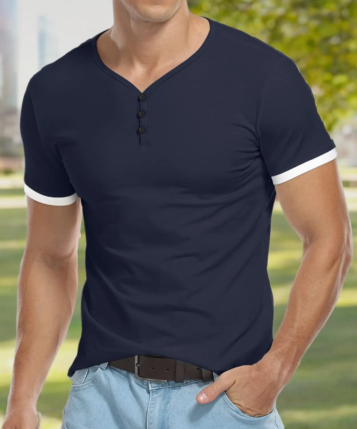 KUYIGO Men's Henley Shirts Short Long Sleeve Casual Summer Slim Fit Cotton Shirt