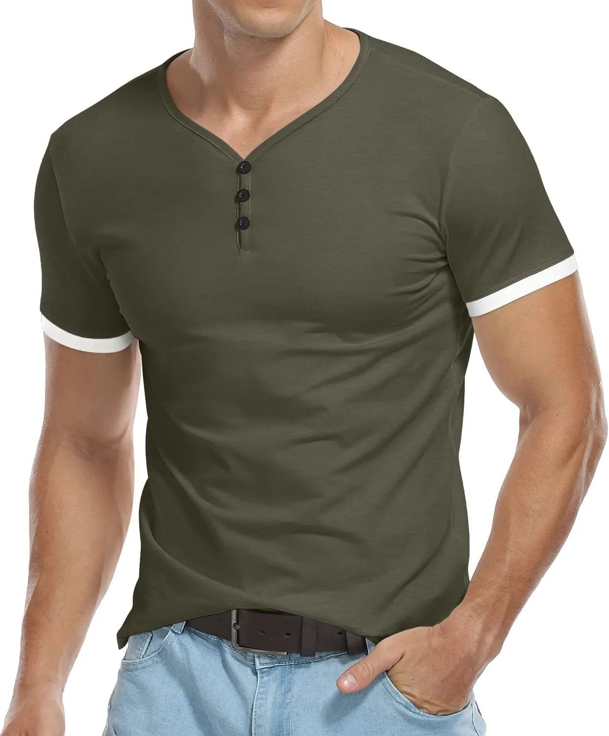 KUYIGO Men's Henley Shirts Short Long Sleeve Casual Summer Slim Fit Cotton Shirt