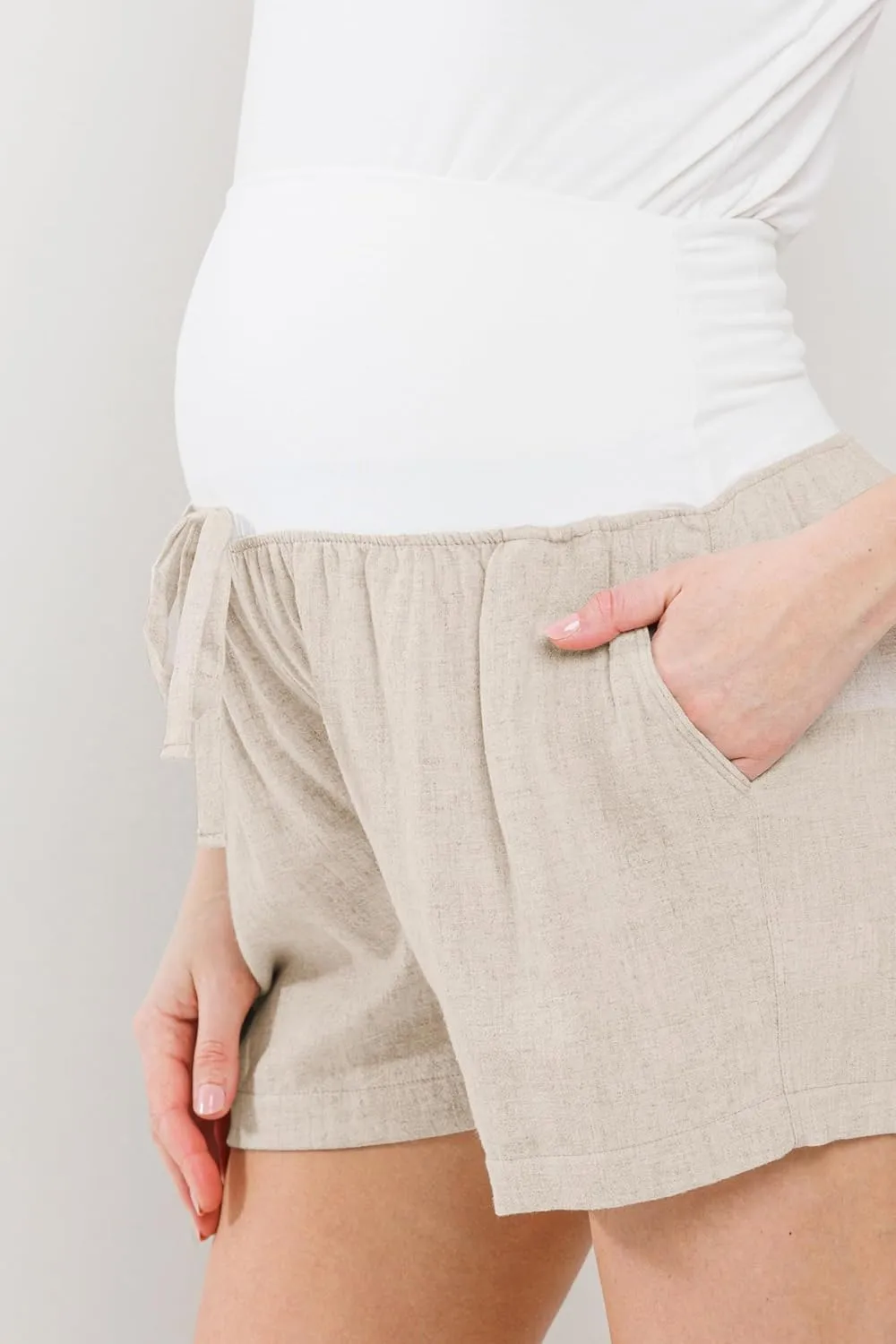 LaClef Womens Over The Belly Linen Drawstring Maternity Shorts with Pockets
