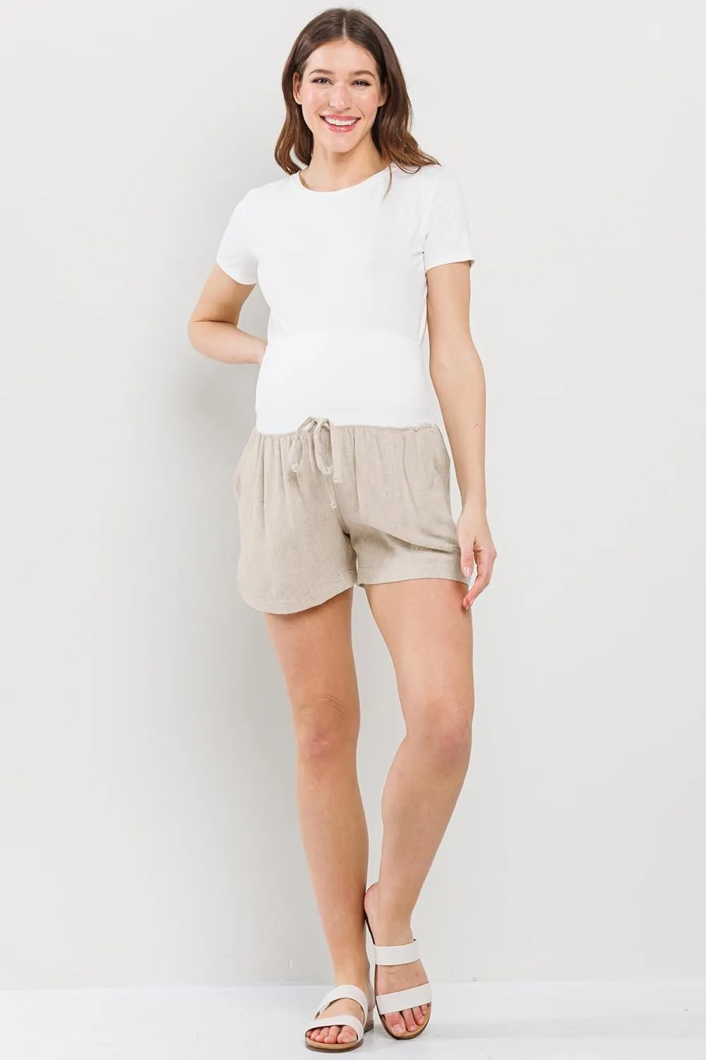 LaClef Womens Over The Belly Linen Drawstring Maternity Shorts with Pockets