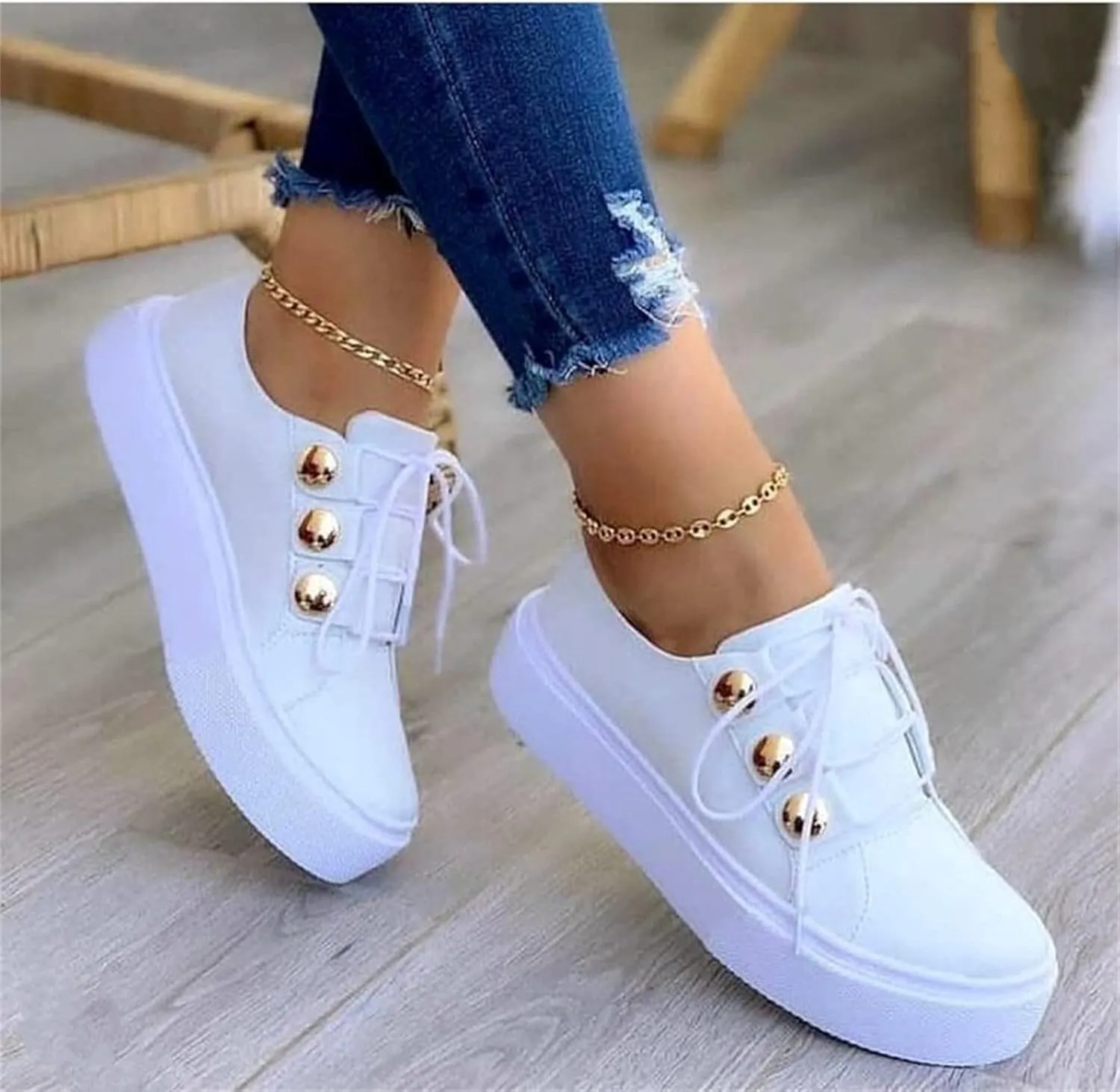 Ladmiple Sneakers For Women Slip On Wide Width Walking Shoes Fashion Lace Up Low Top Comfortable Platform Flats Loafers