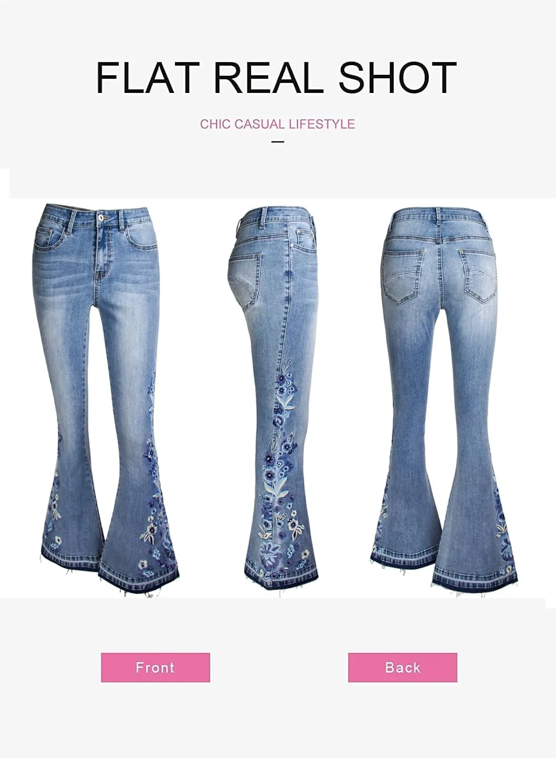 LAFOURAM Bell Bottom Jeans for Women High Waist Flared Wide Leg Floral Embroidered Denim Pants