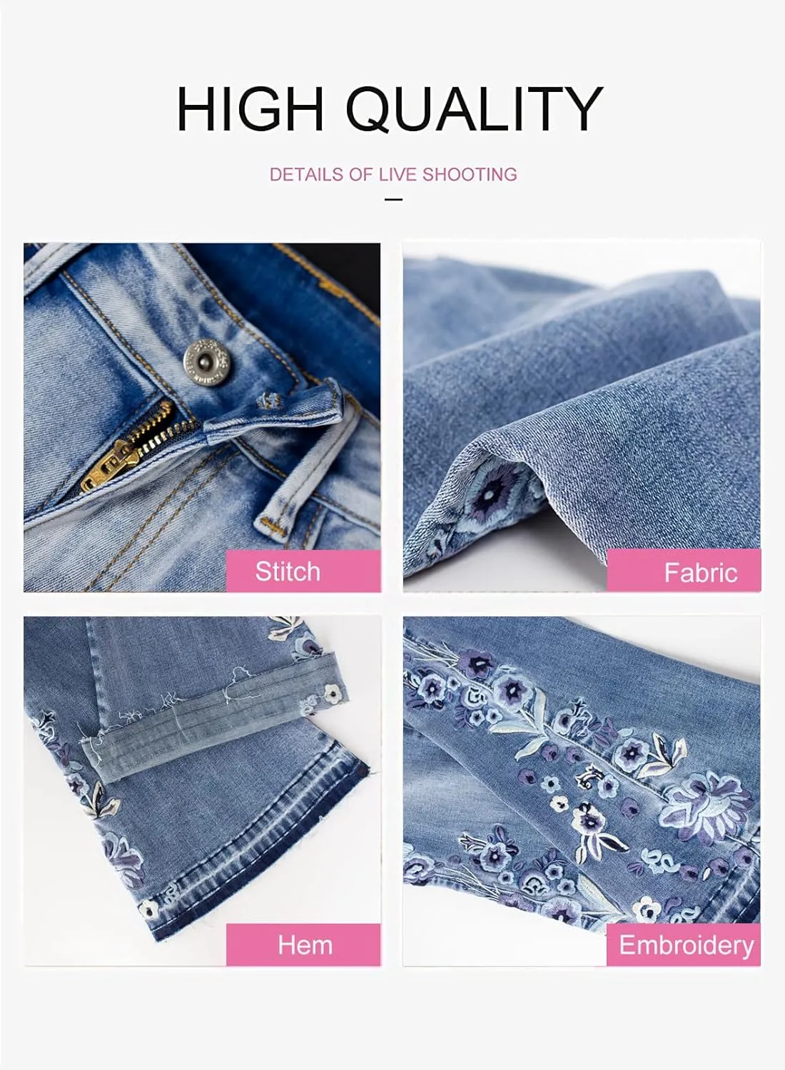 LAFOURAM Bell Bottom Jeans for Women High Waist Flared Wide Leg Floral Embroidered Denim Pants