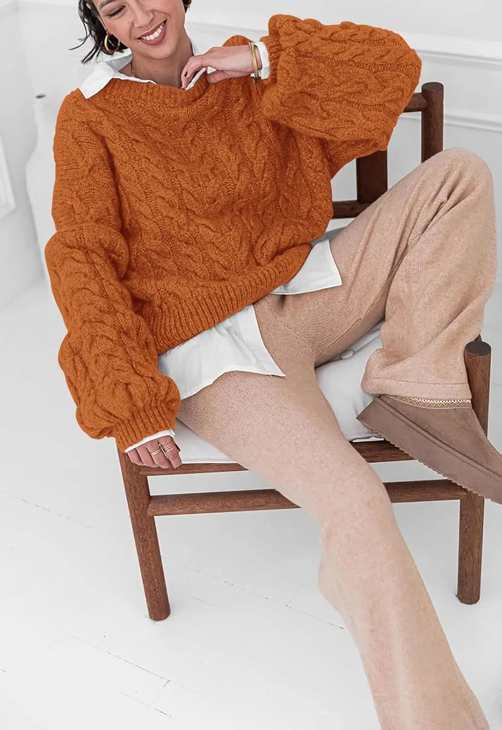 LAVASEON Womens Oversized Cable Knit Sweaters Crewneck Long Sleeve Casual Chunky Pullover Sweater Loose Outfits