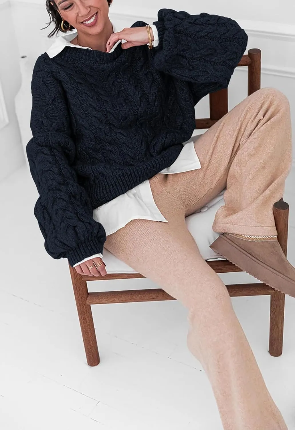 LAVASEON Womens Oversized Cable Knit Sweaters Crewneck Long Sleeve Casual Chunky Pullover Sweater Loose Outfits