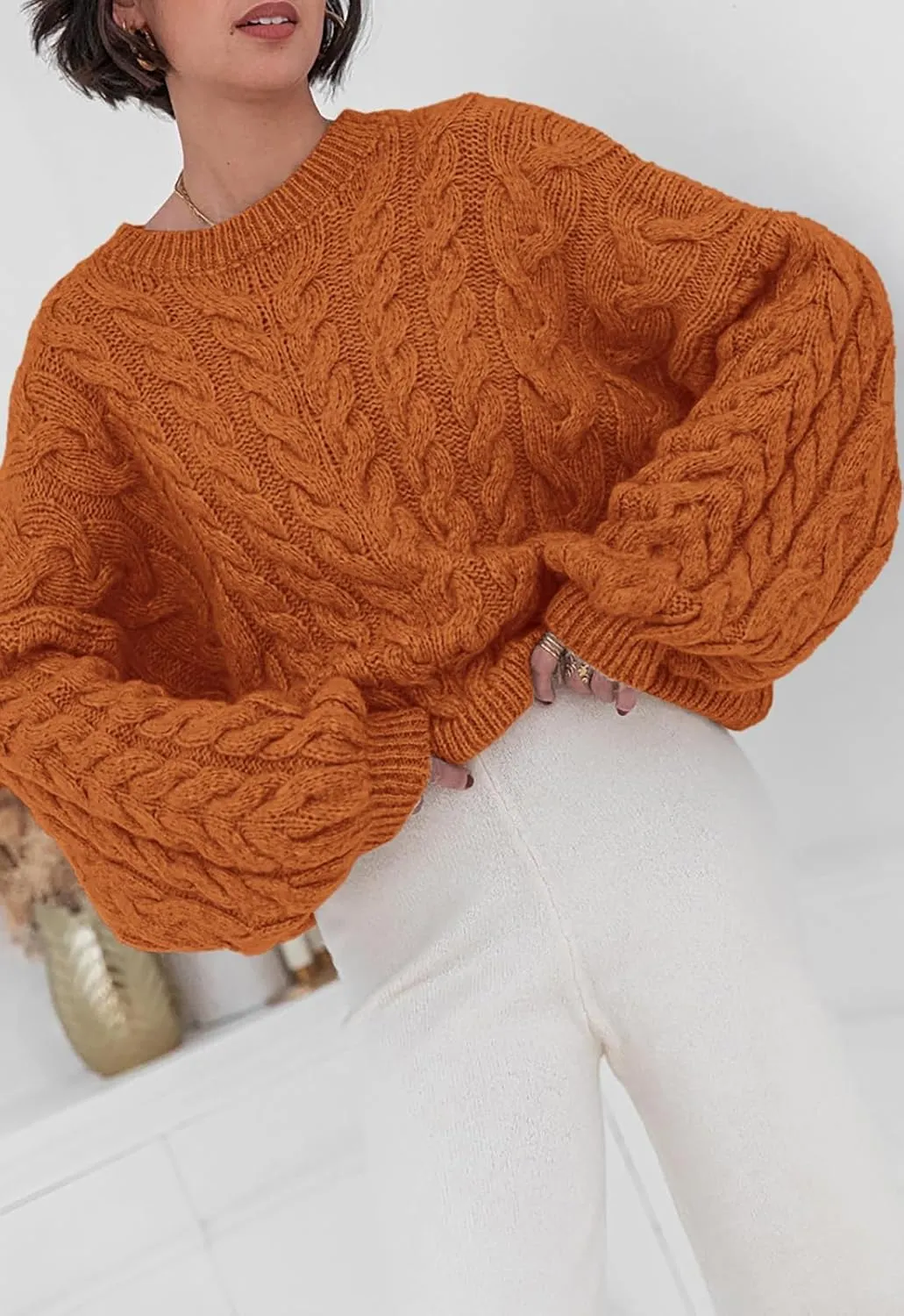 LAVASEON Womens Oversized Cable Knit Sweaters Crewneck Long Sleeve Casual Chunky Pullover Sweater Loose Outfits