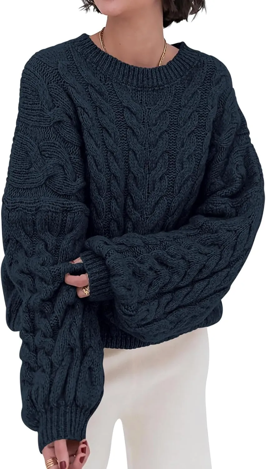 LAVASEON Womens Oversized Cable Knit Sweaters Crewneck Long Sleeve Casual Chunky Pullover Sweater Loose Outfits