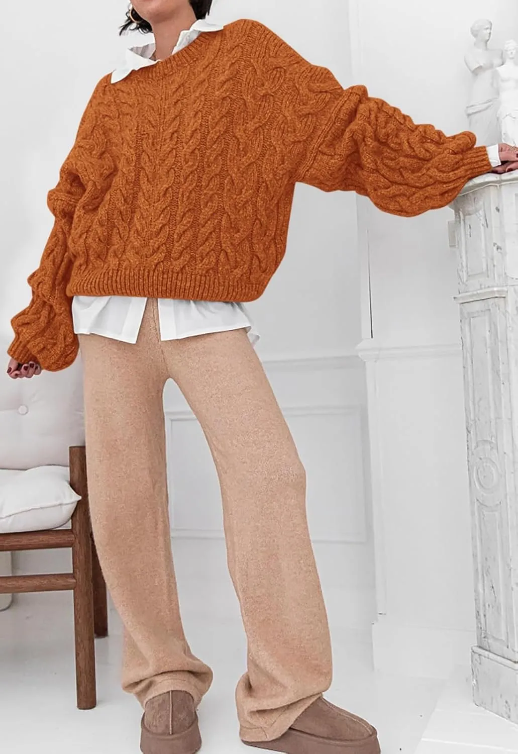 LAVASEON Womens Oversized Cable Knit Sweaters Crewneck Long Sleeve Casual Chunky Pullover Sweater Loose Outfits