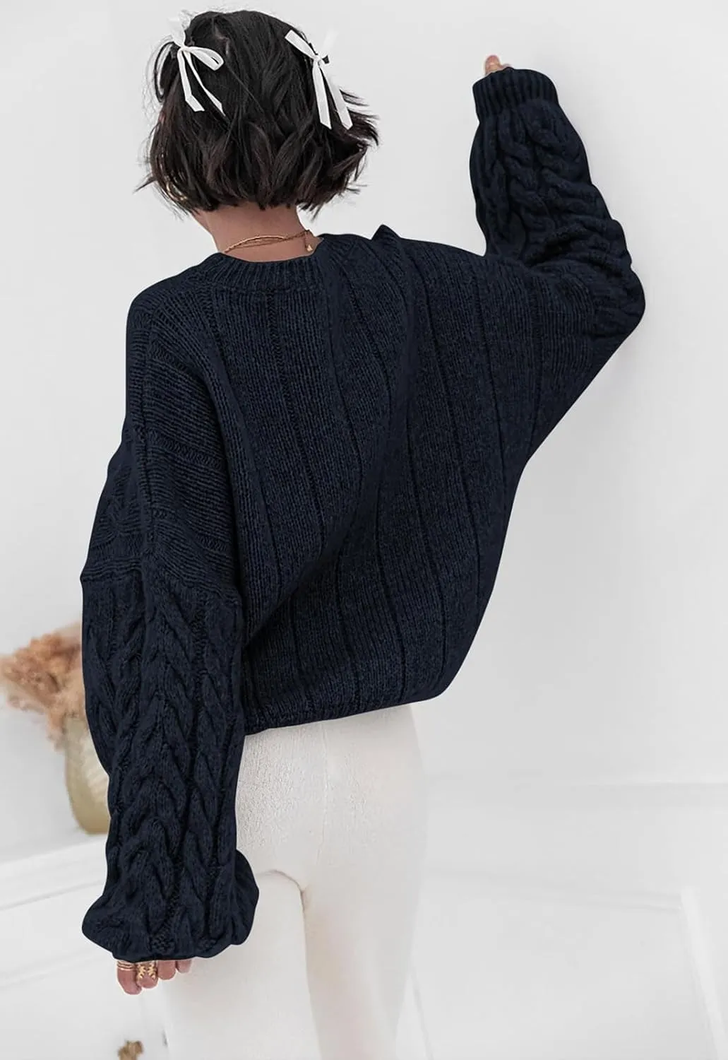 LAVASEON Womens Oversized Cable Knit Sweaters Crewneck Long Sleeve Casual Chunky Pullover Sweater Loose Outfits