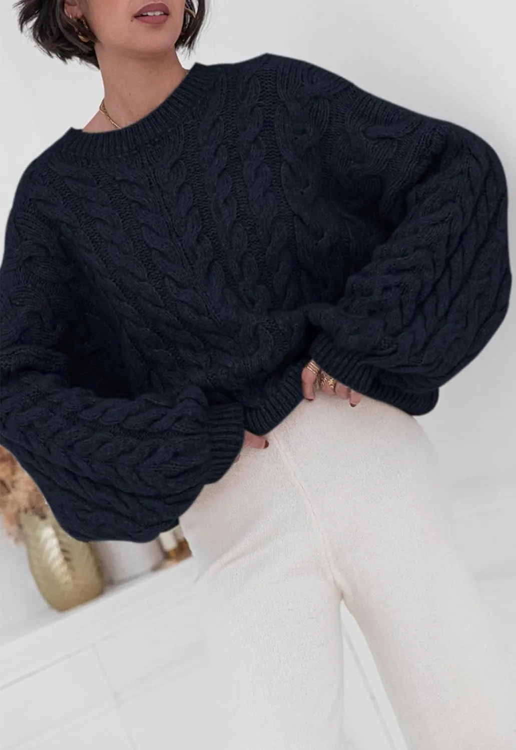 LAVASEON Womens Oversized Cable Knit Sweaters Crewneck Long Sleeve Casual Chunky Pullover Sweater Loose Outfits