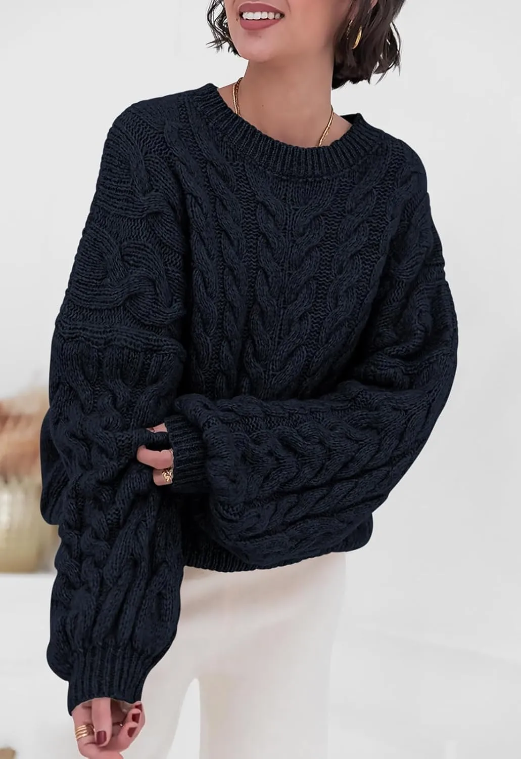 LAVASEON Womens Oversized Cable Knit Sweaters Crewneck Long Sleeve Casual Chunky Pullover Sweater Loose Outfits