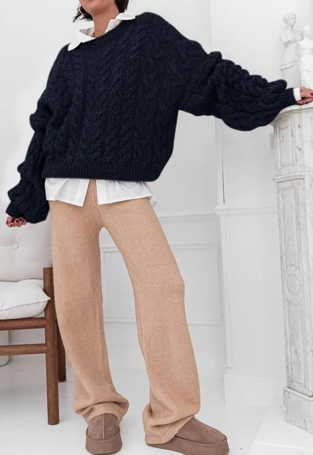LAVASEON Womens Oversized Cable Knit Sweaters Crewneck Long Sleeve Casual Chunky Pullover Sweater Loose Outfits