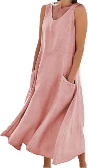 LEMONONSTORE Summer Cotton Linen Maxi Dress for Women Sleeveless Beach Vacation Sundress Flowy A Line Dresses with Pockets