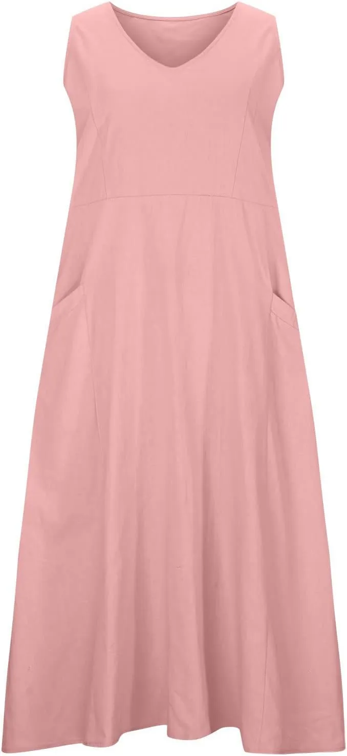 LEMONONSTORE Summer Cotton Linen Maxi Dress for Women Sleeveless Beach Vacation Sundress Flowy A Line Dresses with Pockets