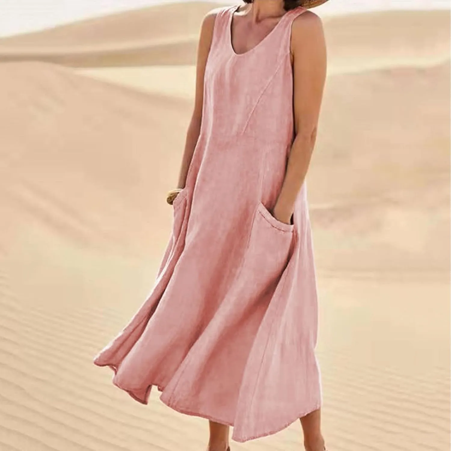 LEMONONSTORE Summer Cotton Linen Maxi Dress for Women Sleeveless Beach Vacation Sundress Flowy A Line Dresses with Pockets