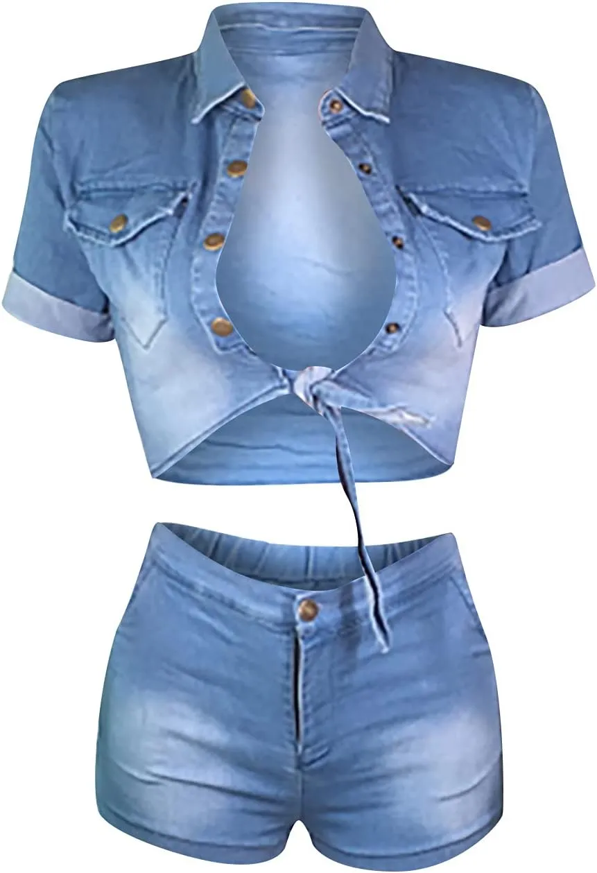 LFEOOST Denim Shorts Sets Women 2 Piece Outfits Sexy Tie Front Cropped Jean Jacket and High Waisted Shorts Casual Jeans Suits