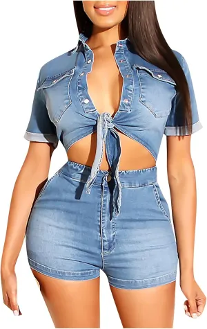 LFEOOST Denim Shorts Sets Women 2 Piece Outfits Sexy Tie Front Cropped Jean Jacket and High Waisted Shorts Casual Jeans Suits