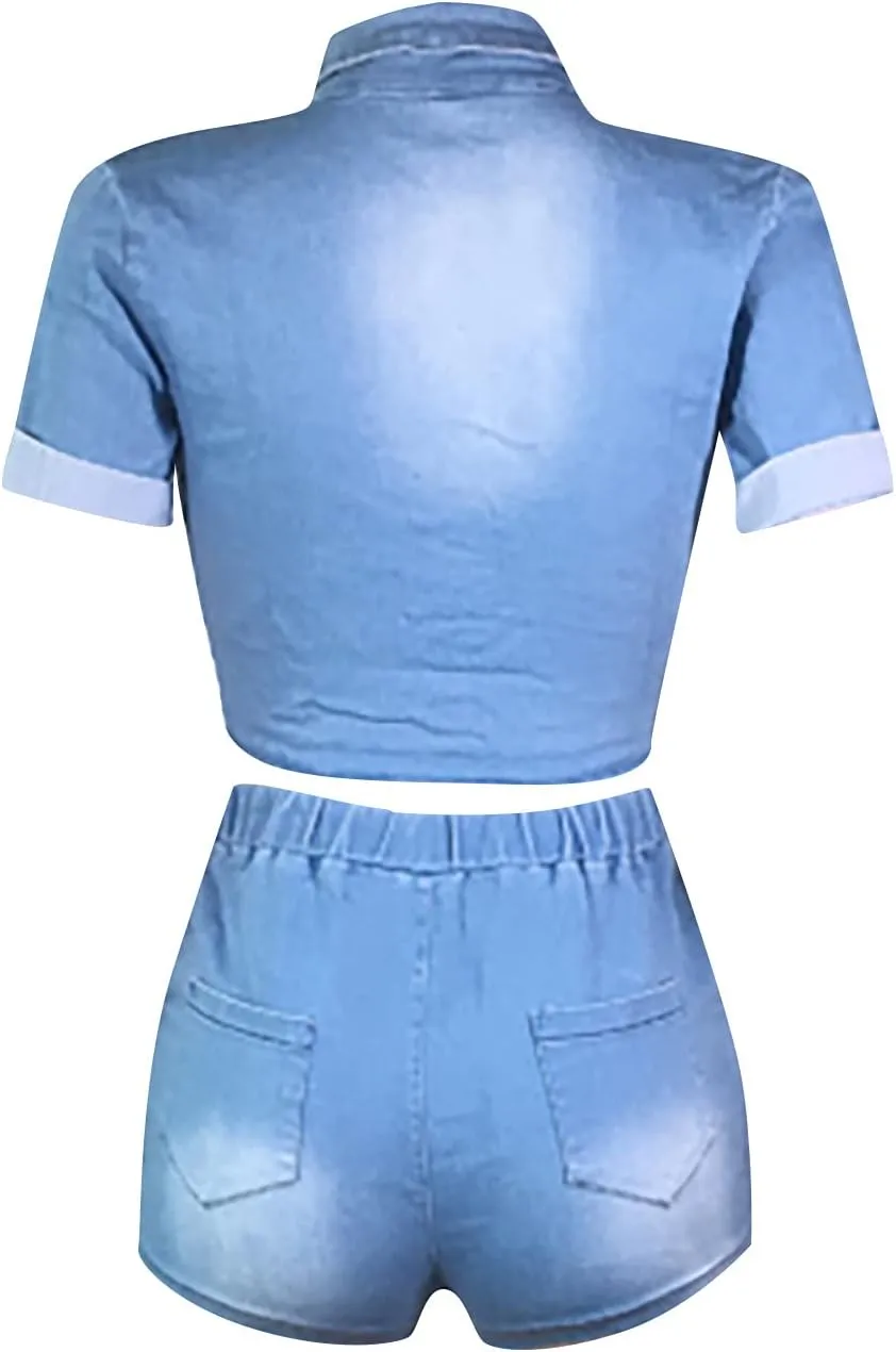 LFEOOST Denim Shorts Sets Women 2 Piece Outfits Sexy Tie Front Cropped Jean Jacket and High Waisted Shorts Casual Jeans Suits