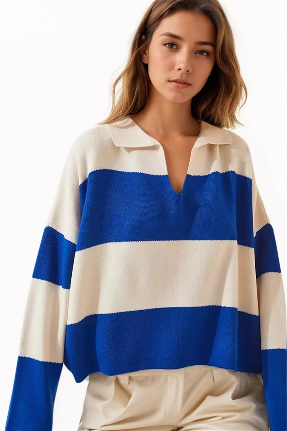 LifeShe Striped Sweater Women V Neck Long Sleeve Pullover Fall Sweaters Loose Oversized Knit Top