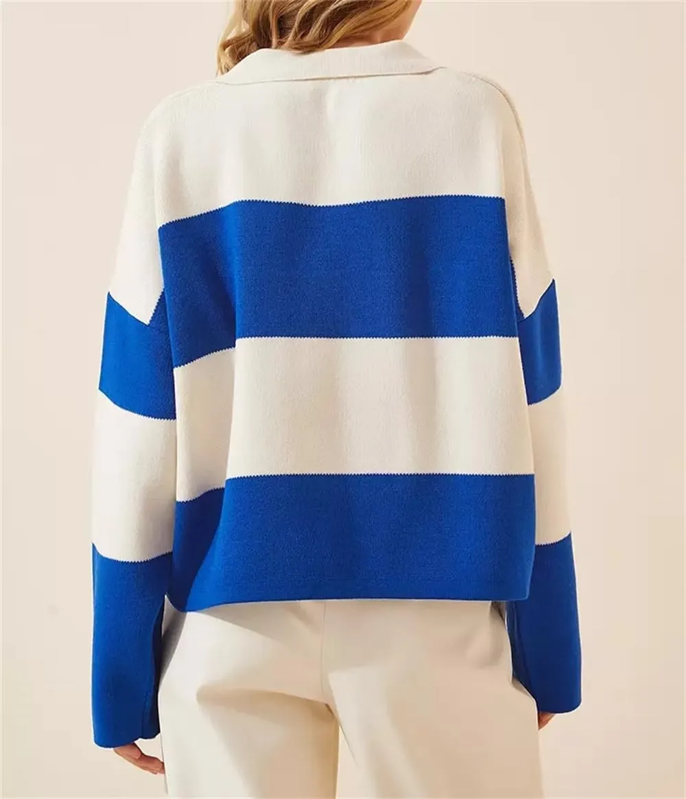 LifeShe Striped Sweater Women V Neck Long Sleeve Pullover Fall Sweaters Loose Oversized Knit Top