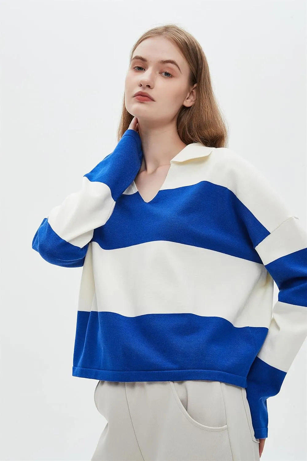 LifeShe Striped Sweater Women V Neck Long Sleeve Pullover Fall Sweaters Loose Oversized Knit Top