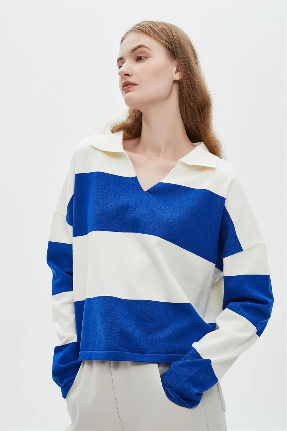 LifeShe Striped Sweater Women V Neck Long Sleeve Pullover Fall Sweaters Loose Oversized Knit Top