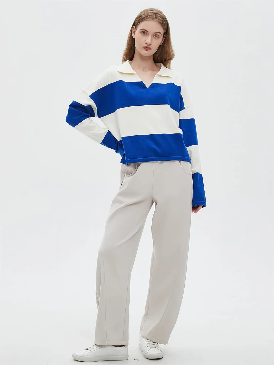 LifeShe Striped Sweater Women V Neck Long Sleeve Pullover Fall Sweaters Loose Oversized Knit Top