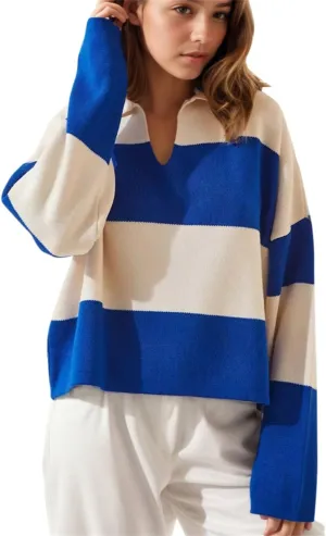 LifeShe Striped Sweater Women V Neck Long Sleeve Pullover Fall Sweaters Loose Oversized Knit Top