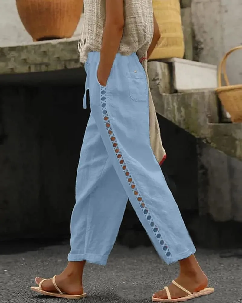 Linen Pants for Women Wide Leg High Waisted Drawstring Trousers Summer Casual Loose Trendy Beach Pants with Pockets