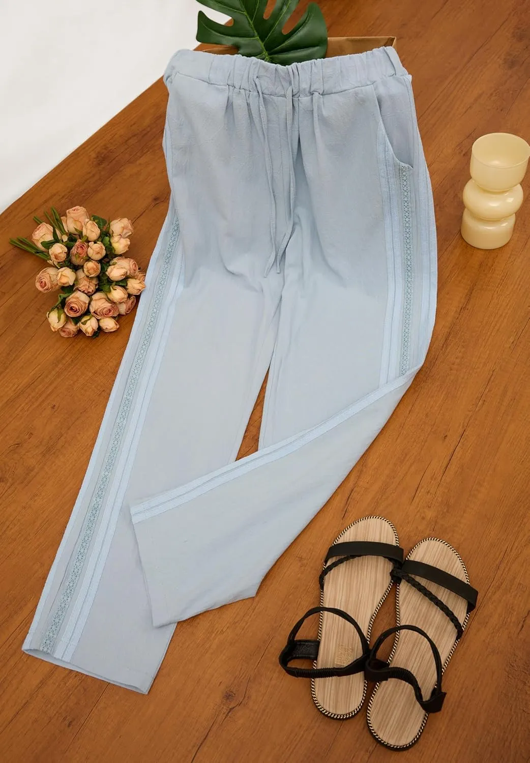 Linen Pants for Women Wide Leg High Waisted Drawstring Trousers Summer Casual Loose Trendy Beach Pants with Pockets