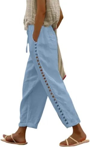 Linen Pants for Women Wide Leg High Waisted Drawstring Trousers Summer Casual Loose Trendy Beach Pants with Pockets