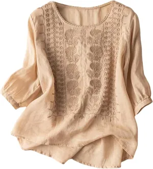 Linen Shirts for Women 2025 Summer Trendy Retro Embroidered 3/4 Sleeve Loose Dressy Casual Tops Boho Cute Blouses